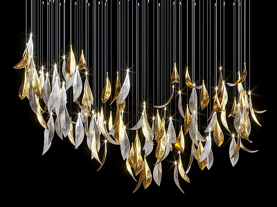 Gold and Silver Feather Shaped Chandelier Hanging Illuminated in Black Background 3d model