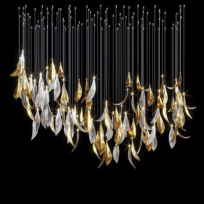 Gold and Silver Feather Shaped Chandelier Hanging Illuminated in Black Background 3d model