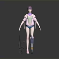 Game Movie Character With Purple Hair Pink Top Blue Shorts And Gun Equipment