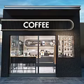 Modern Coffee Shop Exterior Design With Black Facade Glass Windows And Outdoor Seating