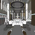 Modern Sales Office Interior Design With Spacious Space Circular Chandeliers And Central Lawn Area