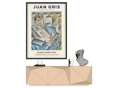 Juan Gris Art Print Galerie Louis Lellis With Geometric Console Table And Sculpture Decor 3d model