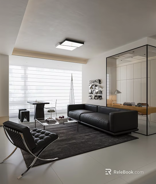 Modern Minimalist Living Room With Black Leather Sofa Glass Partition And Plenty Of Natural Light 3d model 