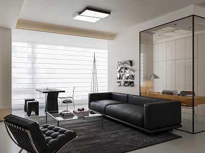 Modern Minimalist Living Room With Black Leather Sofa Glass Partition And Plenty Of Natural Light 3d model