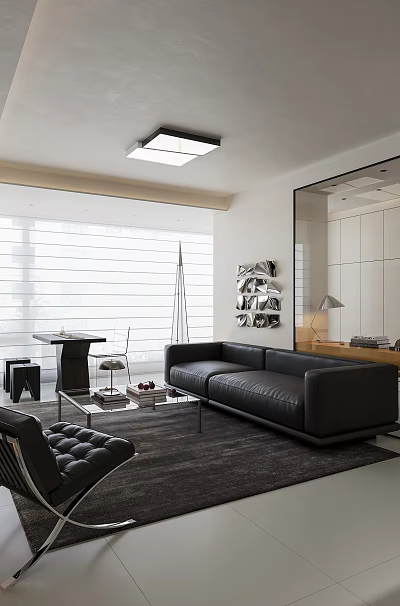Modern Minimalist Living Room With Black Leather Sofa Glass Partition And Plenty Of Natural Light 3d model