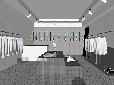 Modern Clothing Store Interior With Hanging Clothes Lockers Cashier Counter Plant And Lighting 3d model