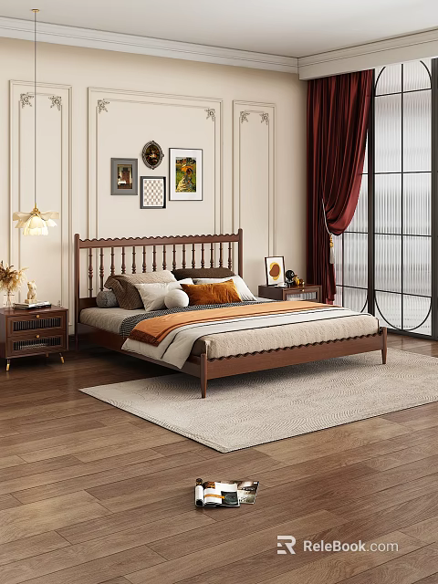 Traditional Bedroom Interior With Wooden Bed Frame Nightstands Soft Rug Red Curtains And Wall Art 3d model 