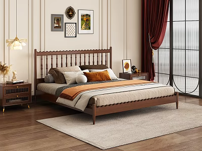 Traditional Bedroom Interior With Wooden Bed Frame Nightstands Soft Rug Red Curtains And Wall Art 3d model