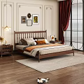 Traditional Bedroom Interior With Wooden Bed Frame Nightstands Soft Rug Red Curtains And Wall Art
