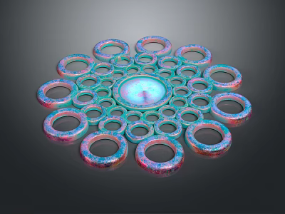 Colorful Iridescent Decorative Ring Ornament Set With Concentric Circular Arrangement And Shiny Design 3d model