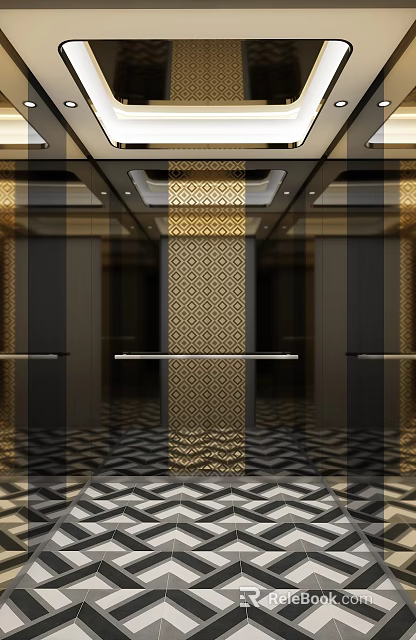Modern Elegant Elevator Hall Interior With Gold Black Geometric Pattern And Marble Floor 3d model 