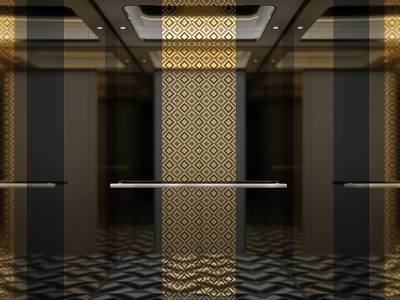 Modern Elegant Elevator Hall Interior With Gold Black Geometric Pattern And Marble Floor 3d model