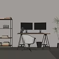Desk and Chair Combination Computer Desk Storage Rack Green Plant 3d model