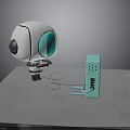 Cartoon White Robot Holding Game Controller With Green Device And Cable On Gray Floor