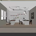 Modern Office Interior Design With Curved Sofa Bookshelves Potted Plant And City View