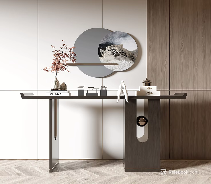 Modern Console Table With Round Mirror Potted Plant And Decor Items 3d model