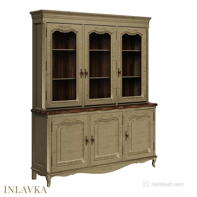 Vintage Light Colored Credenza With Upper Glass Doors Lower Wooden Doors And Carved Details 3d model 