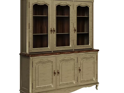 Vintage Light Colored Credenza With Upper Glass Doors Lower Wooden Doors And Carved Details 3d model