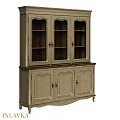 Vintage Light Colored Credenza With Upper Glass Doors Lower Wooden Doors And Carved Details