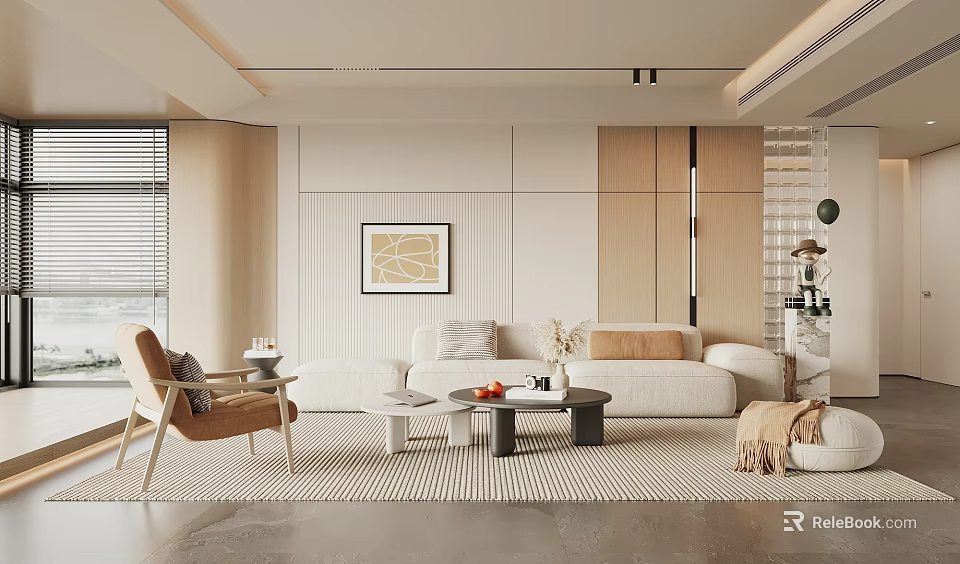 Modern Living Room Interior With Beige Sofa Wooden Coffee Table Decorative Art And Armchair 3d model 