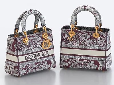 Christian Dior Printed Handbags In Maroon Gray With Gold Hardware 3d model