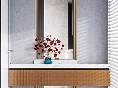 Modern Bathroom Vanity with Marble Countertop Red Flower Vase and Mirror 3d model