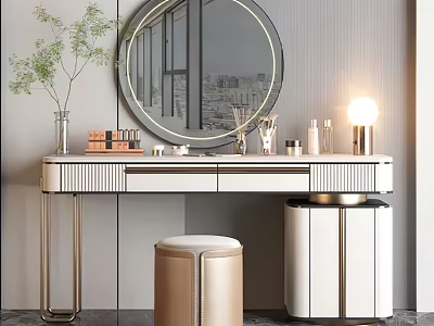 Modern Dressing Table Interior Design With Round Mirror Potted Plant Table Lamp And Cosmetics Stool 3d model