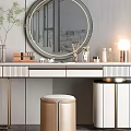 Modern Dressing Table Interior Design With Round Mirror Potted Plant Table Lamp And Cosmetics Stool