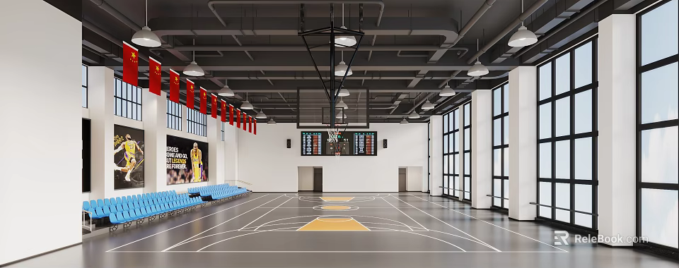 Modern Basketball Gym Interior With Court Scoreboard Blue Seating And Large Windows 3d model 