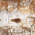 Luxurious Banquet Hall With Golden Floral Decor Ornate Archway White Tables and Chairs Marble Floor
