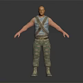 Bald Man in Blue Striped Tank Top with Camouflage Pants Hands by Sides Dark Background