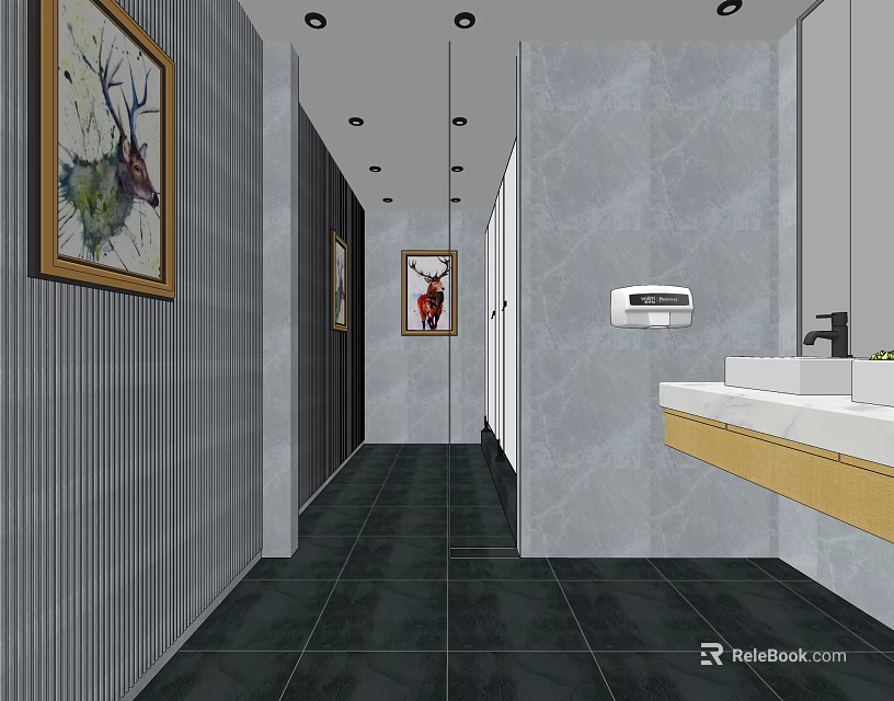 Modern Public Restroom Interior With Gray Walls Black Floor Sink And Decorative Paintings 3d model 
