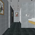 Modern Public Restroom Interior With Gray Walls Black Floor Sink And Decorative Paintings
