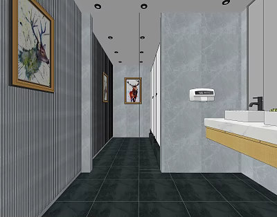 Modern Public Restroom Interior With Gray Walls Black Floor Sink And Decorative Paintings 3d model