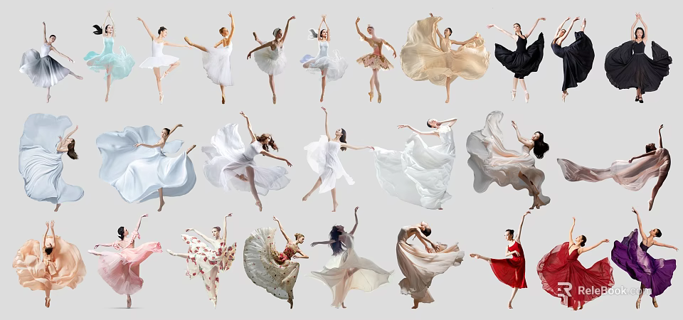 Women Dancing in Various Colored Dresses with Graceful Poses and Flowing Skirts Against Gray Background 3d model