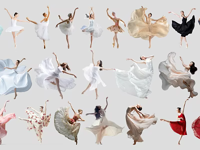 Women Dancing in Various Colored Dresses with Graceful Poses and Flowing Skirts Against Gray Background 3d model