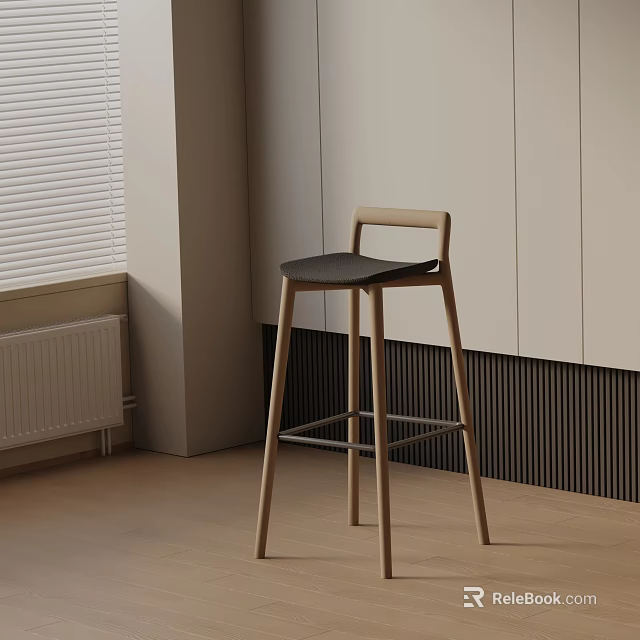 Modern Wooden Bar Stool With Black Seat Near Window Blinds And Walls 3d model 
