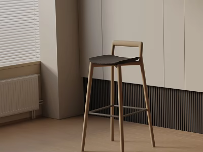 Modern Wooden Bar Stool With Black Seat Near Window Blinds And Walls 3d model