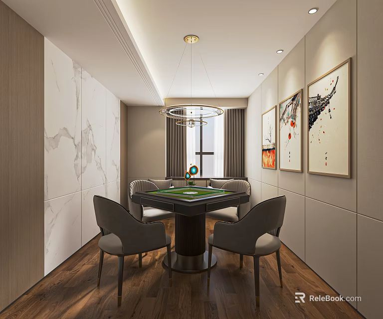 Hotel Mahjong Room With Round Mahjong Table Comfortable Chairs And Decorative Paintings 3d model