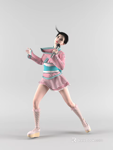 A Woman in Pink Traditional Costume Performing with Microphone in Graceful Pose 3d model 