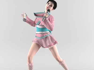 A Woman in Pink Traditional Costume Performing with Microphone in Graceful Pose 3d model