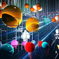Futuristic Photo Check-in Spot With Hanging Colorful Spheres Glowing Lines And Geometric Shapes