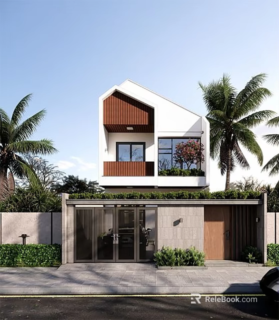 Detached Villa Exterior With White And Brown Wooden Accents Glass Windows Balcony And Palm Trees 3d model 