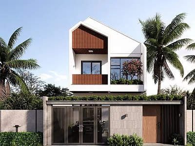 Detached Villa Exterior With White And Brown Wooden Accents Glass Windows Balcony And Palm Trees 3d model