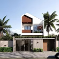 Detached Villa Exterior With White And Brown Wooden Accents Glass Windows Balcony And Palm Trees