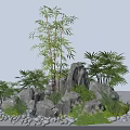 Charming Garden Decorative Landscape With Tall Bamboo Plants Rocks Green Foliage And White Pebbles