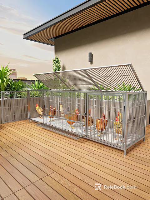 Outdoor Metal Pet Cage With Chickens On Wooden Patio Surrounded By Green Plants 3d model 