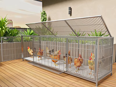 Outdoor Metal Pet Cage With Chickens On Wooden Patio Surrounded By Green Plants 3d model
