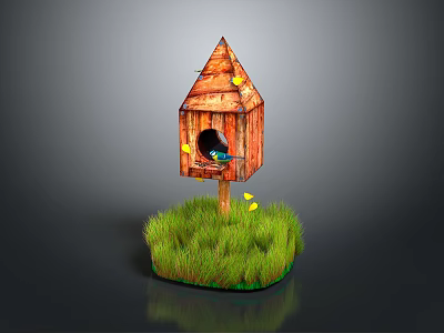 Wooden Birdhouse With Small Bird Perched On Grass Base And Yellow Leaves 3d model