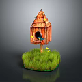 Wooden Birdhouse With Small Bird Perched On Grass Base And Yellow Leaves